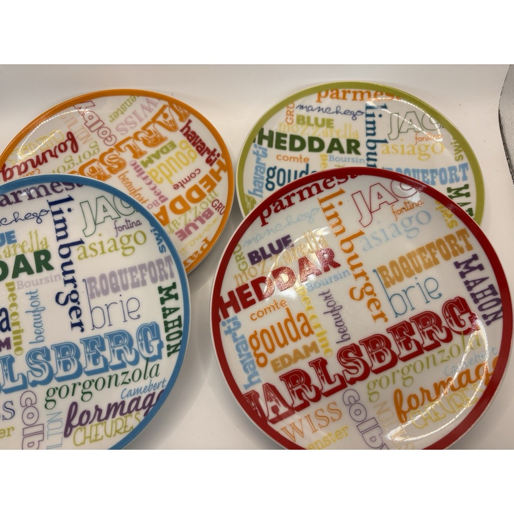 Pier 1 Imports World Cheese Plate Set 4pc Porcelain Round Multicolor Typography